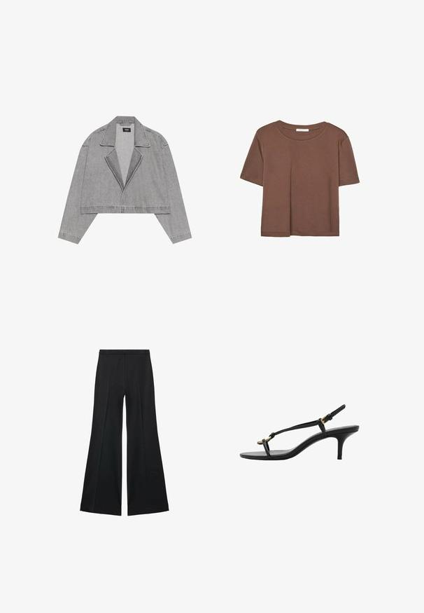 Harmaa lyhyt takki farkkukankaasta, jossa on lovikaulus, avonainen etuosa ja pitkät hihat. Minimalistinen muotoilu hienovaraisilla ompeluyksityiskohdilla.; Kahvinsävyinen lyhythihainen t-paita, joka on valmistettu pehmeästä kankaasta. Pyöreä pääntie ja rento malli. Ei näkyviä kuvioita tai koristeita.; Mustat leveälahkeiset housut, joissa on sileä pinta, etupuolella laskokset ja muotolaskettu malli. Kangas on kevyttä ja laskeutuvaa.; Mustat nahkakengät, joissa on kissankorko, ohuet hihnat, kultainen solki ja minimalistinen varvaslenkki valkoisella taustalla.