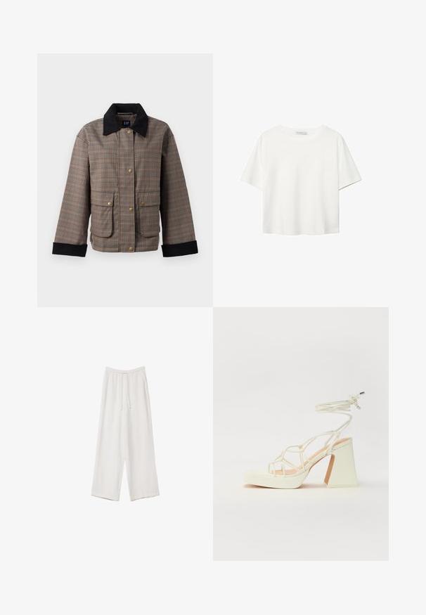 Karirana jakna v rjavih in črnih odtenkih, z ovratnikom in štirimi sprednjimi žepe z zlatimi gumbi ter teksturirano tkanino.; Bela kratka majica s kratkimi rokavi iz bombaža. Ima okroglo izrezovanje in sproščen kroj. Gladka tekstura brez vidnih vzorcev ali poudarkov.; Bele široke hlače iz lahkega materiala. Imajo elastičen pas s vrvico in stranske žepe. Gladka tekstura.; Bela sandala na visokih petah s debelim petam, ki ima obliko trakcev in vezanje okoli gležnja. Gladka tekstura z platformo spredaj za dodatno višino.