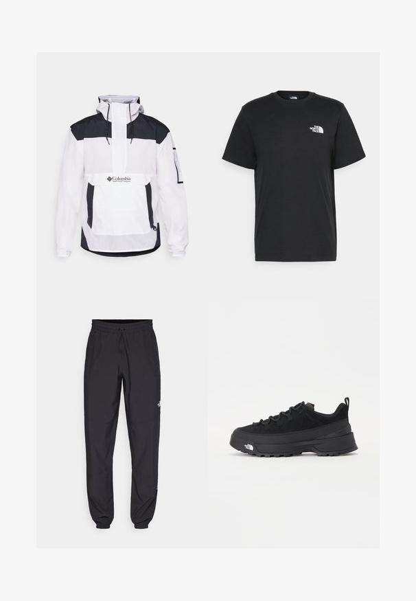 Balta ir juoda Columbia striukė su gaubtu, per pusę užtraukiama priekyje, priekinė kišenė ir elastingi rankogaliai. Pagaminta iš lengvo audinio.; Juoda medvilninė marškinė su trumpomis rankovėmis, apvaliu iškirpimu ir maža balta logo kairėje krūtinės pusėje. Paprastas dizainas, lygi tekstūra ir laisvas pritaikymas.; Juodos sportinės kelnės, pagamintos iš lengvos medžiagos, su raišteliu liemens srityje, šoniniais kišenėmis ir siaurėjantys apykaklės prie kulkšnies.; Juodas lauko sportinis batelis su zomšiniu viršumi, tekstūruota guma padais ir tvirtas raištelių sistema. Yra sustiprinta kulno dalis ir prekės ženklo logotipas šone.