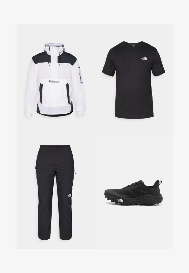 Valge ja must Columbia jakk kapuutsiga, poole luku esiosaga, esikotiga ja elastsete mansettidega. Valmistatud kerge materjali hulgast.; Must have lühikeste varrukatega must T-särk, mis on valmistatud puuvillast, ümmarguse kaelusega ja väikese valge logoga vasakus ülanurgas.; The North Face WINTER EXPLORATION TAPERED CARGO - Õuepüksid - black; Must tume jooksujalats musta värvi, tekstuurse ülemise osaga, kummist tallaga ja tugevdatud varbaga. Omab pehmendusega krae ja tõmblinti mugavaks selga panemiseks.