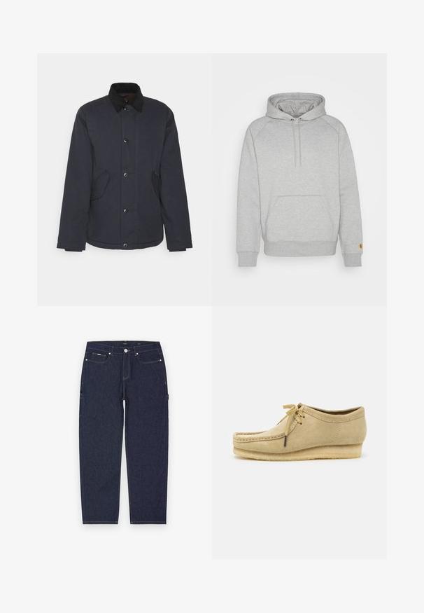 Marineblauwe jas met een zwarte kraag, voorzien van een sluiting met knopen aan de voorkant, twee zijzakken en een textuurstof voor duurzaamheid.; Grijze hoodie met een buidelzak, ribgebreide manchetten en onderkant, voorzien van een logopatch op de linker mouw. Zachte stofstructuur.; Donkerblauwe denim cargobroek met een rechte snit, voorzien van opvallende gele stiksels, voor- en zijzakken en een metalen knoopsluiting.; Beige suède schoen met een vetersluiting, gestikte details en een rubberen zool. De vorm is casual met een lichte sleehak.