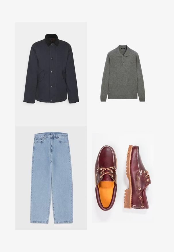 Navy blue jacket with a black collar, featuring front button closure, two side pockets, and a textured fabric for durability.; Gray long-sleeve polo shirt made from a soft fabric, featuring a classic collar and three button placket at the front.; Light blue denim jeans with straight leg design, featuring a mid-rise waist, five pockets, and a button and zipper closure.; Burgundy leather shoes with brown rubber soles, round toe, white stitching, and gold eyelets. Interior features a yellow lining.