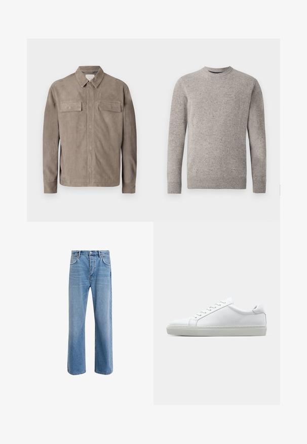 Hellbraune Wildlederjacke mit Kragen, zwei Brusttaschen und Knopfverschluss. Glatte Textur und geradliniges Design.; Hellgrauer gestrickter Pullover mit Rundhalsausschnitt, langen Ärmeln und gerippten Bündchen und Saum. Strukturiertes Muster mit Farbklecksen.; Helle blaue Jeans im Geradeschnitt-Design, mit fünf Taschen, Knopfverschluss, minimaler Ausbleichung und kontrastierenden Nähdetails.; Weißer Sneaker mit glattem Lederobermaterial und niedrigem Profil. Verfügt über eine runde Zehenpartie, sechs Ösen und eine strukturierte Gummisohle.