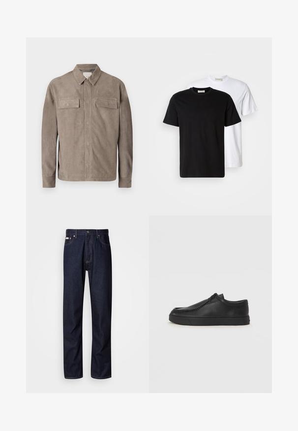 Giacca in suede marrone chiaro con collo a camicia, due tasche sul petto e chiusura a bottoni. Tessuto morbido e design a vestibilità dritta.; Due t-shirt di cotone semplici, una nera posizionata davanti a una bianca, entrambe con maniche corte e scollature rotonde.; Jeans in denim blu scuro con un design a gamba dritta, dotati di chiusura con bottoni, cinque tasche e dettagli di cucitura a contrasto.; Scarpa slip-on in pelle nera con punta arrotondata, dettagli cuciti e suola in gomma nera. Texture liscia con design minimalista.