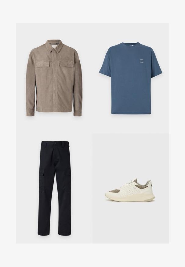 Lysbrun ruskindsjakke med krave, to brystlommer og knaplukning. Glat tekstur og lige pasform design.; Blå bomulds t-shirt med klassisk rund hals, korte ærmer, afslappet pasform og to små trykte logoer på brystet. Glat tekstur.; Sorte cargo bukser lavet af robust stof, med en lige benklipp, to sidelommer og en knaplukning i taljen.; Hvide og lyse beige sportssko med en mesh-overdel, perforerede detaljer og en tekstureret mellemsål med branding på hælen.