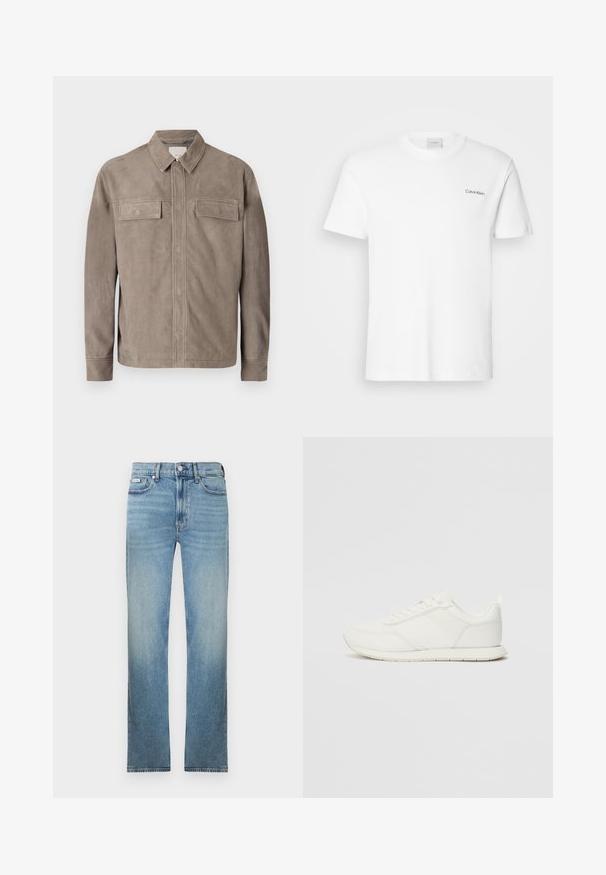 Lichtbruine suède jas met een kraag, twee borstzakken en knoopsluiting. Soepele textuur en rechtvallend ontwerp.; Witte katoen T-shirt met korte mouwen en een ronde hals. Bevat een klein zwart "Calvin Klein" logo op de linkerborst.; Lichtblauwe spijkerbroek met rechte pijpen, ontwerp met vijf zakken en een vervaagde afwerking. Voorzien van een knoopsluiting en riemlussen.; Witte sneaker met een bovenwerk van mesh en synthetisch materiaal, ronde neus, platte veters en een getextureerde zijstrip. Rubberen zool met een lusje aan de achterkant.