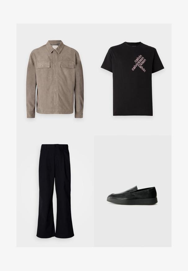 Jachetă din suede maro deschis cu guler, două buzunare pe piept și închidere cu butoane. Textură netedă și design cu croială dreaptă.; Tricou din bumbac negru, cu un imprimeu diagonal roz al logo-ului "calvin klein" pe partea din față. Mâneci scurte și decolteu rotund.; Pantaloni negri cu croi larg din bumbac, cu pliuri frontale, dotati cu închidere prin nasture și bucle pentru curea, textura netedă și fără modele vizibile.; Calvin Klein HYBRID CUP - Pantofi slip-on - triple black