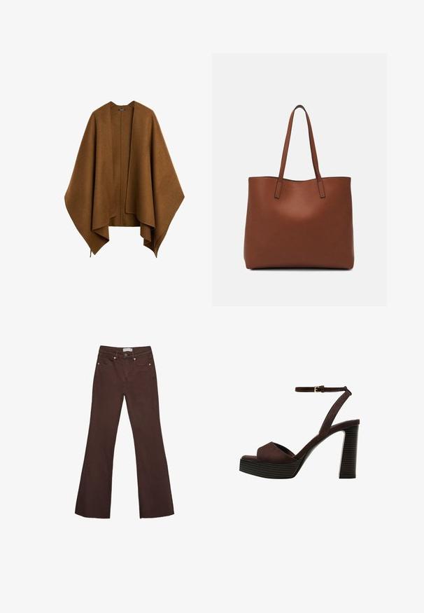 Brun, överdimensionerad, ostrukturerad sjal som är gjord av mjukt tyg. Har en djup V-ringning och flytande ärmar med ett drapert mönster.; Svart långärmad stickad tröja med vadderade axlar och ribbade muddar och fåll, visad mot en vit bakgrund.; Bruna utsvängda jeans i denim, med hög midja, två framfickor och kopparfärgad metall vid midjebandet och ficköppningarna.; Bruna mocka högklackade sandaler med öppen tå, justerbar vristrem och en randig plattformssula.; Brun läder tote-väska med en slät textur, öppen toppdesign och två axelremmar. Har minimal söm och ingen synlig metalldetalj.