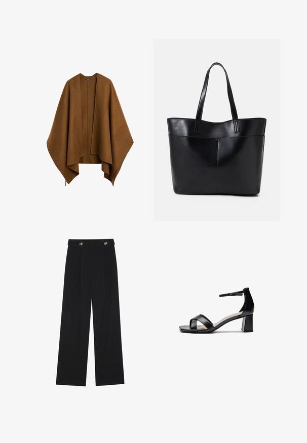 Brun, overdimensioneret, ustruktureret sjal lavet af blødt stof. Har en dyb V-udskæring og flydende ærmer med et draperet design.; Sort langærmet top med flagrende manchetter, blød tekstur og en afslappet pasform, samt en enkel rund halsudskæring.; Sorte vide bukser med høj talje, knapdetaljer på taljebåndet og frontfald.; Sort åben tå hæl sandal med krydsede remme, justerbar ankelrem og en chunky hæl, der har en glat læderoverflade.; Sort læder tote taske med to lange håndtag, en glat tekstur og en struktureret form. Har en forlommem for ekstra opbevaring.