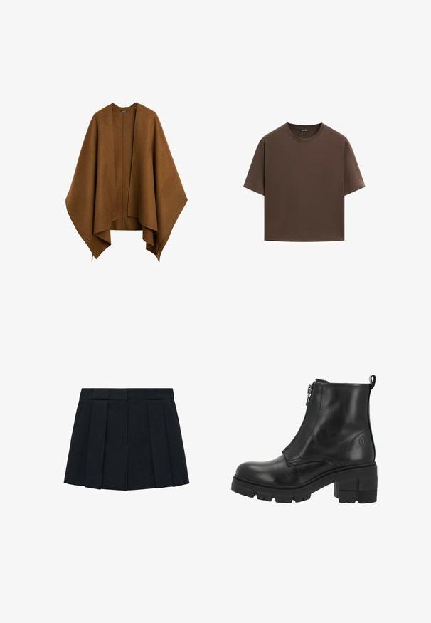 Brun, overdimensioneret, ustruktureret sjal lavet af blødt stof. Har en dyb V-udskæring og flydende ærmer med et draperet design.; Brun bomulds t-shirt, korte ærmer, rund halsudskæring, afslappet pasform, glat tekstur, minimalistisk design, ingen synlige mønstre eller accenter.; Sort plisseret nederdel lavet af stof med en glat tekstur. Har en struktureret talje og flere lodrette pliser for definition.; Sorte læder ankelstøvler med lynlås i siden, tyk sål og blokhæle. Har diskret syninger og et logo på den ydre side.