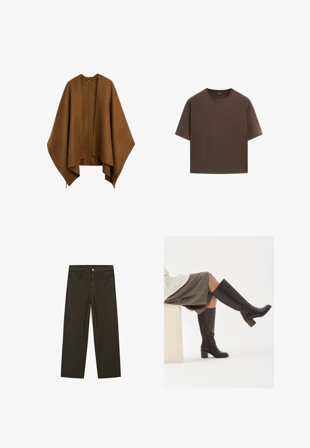 Hnědý, oversized, nestrukturovaný šál vyrobený z měkké tkaniny. Obsahuje hluboký V-výstřih a volné rukávy s splývavým designem.; Hnědé bavlněné tričko, krátké rukávy, kulatý výstřih, volný střih, hladká textura, minimalistický design, žádné viditelné vzory ani akcenty.; Tmavě zelené široké džínsy vyrobené z bavlněné směsi, s předním zapínáním na knoflík, pěti kapsami a klasickým denimovým stehem.; Hnědé kožené vysoké boty po kolena se čtveratou špičkou, robustním podpatkem a bočním zipem. Hladký povrch s lesklým povrchem.