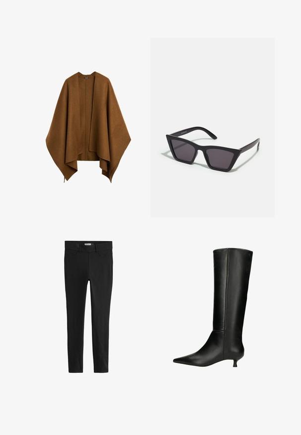 Scialle marrone, oversize, non strutturato, realizzato in tessuto morbido. Presenta un profondo scollo a V e maniche fluide con un design drappeggiato.; T-shirt nera a maniche lunghe in tessuto morbido e liscio. Presenta un colletto rotondo e maniche aderenti con orlo dritto. Design minimalista.; Leggings neri realizzati in tessuto elasticizzato con un design aderente. Presentano una vita classica e tasche frontali, texture liscia e senza pattern.; Stivali neri al ginocchio, realizzati in pelle liscia, con punta affusolata e tacco basso a kitten. Design elegante e aderente con dettagli minimi.; Occhiali da sole neri e angolari con lenti grigie; realizzati in plastica, con aste spesse dalla superficie liscia e senza hardware visibile.