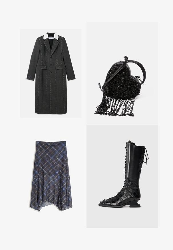 Šedý dlouhý kabát s bílým límcem, s propracovaným designem, viditelnými bílými švy a dvěma předními kapsami.; Tmavě šedý kardigan vyrobený z texturovaného pleteného materiálu, s kulatým výstřihem, dlouhými rukávy a šesti knoflíkovým zapínáním na přední straně.; Žebrovaný bezrukávový top ve světle šedé barvě s kulatým výstřihem a decentním brandingem na přední straně. Vyrobeno z jemného, pružného materiálu.; Černá kostkovaná sukně s modrými a hnědými pruhy, volný design, střední délky, vyrobena z lehké látky s hladkou texturou.; Černé kozačky do kolen s šněrováním vpředu, vyrobené z hladké a texturované kůže, s tvarovaným podpatkem a geometrickým designem panelů.; Černá kabelka ve tvaru srdce s korálkovou texturou a třásněmi, hladkým koženým uchem a odnímatelným ramenním popruhem.
