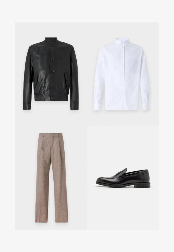 Svart läderbomberjacka med ribbat krage, knäppning framtill och sidofickor. Slät textur och strömlinjeformad design.; Vit långärmad skjorta med knappar, tillverkad av bomull, med en bröstficka med ton-i-ton broderi, krage och knappmanchetter.; Bruna, högmidjade byxor i texturerat tyg. Har vida ben och två framvikningar för struktur. Välavslutad utan synlig hårdvara.; Svarta läderloafers med en slät yta, rund tå och ett dekorativt band över främre delen. Låg staplad klack, minimalistisk design.