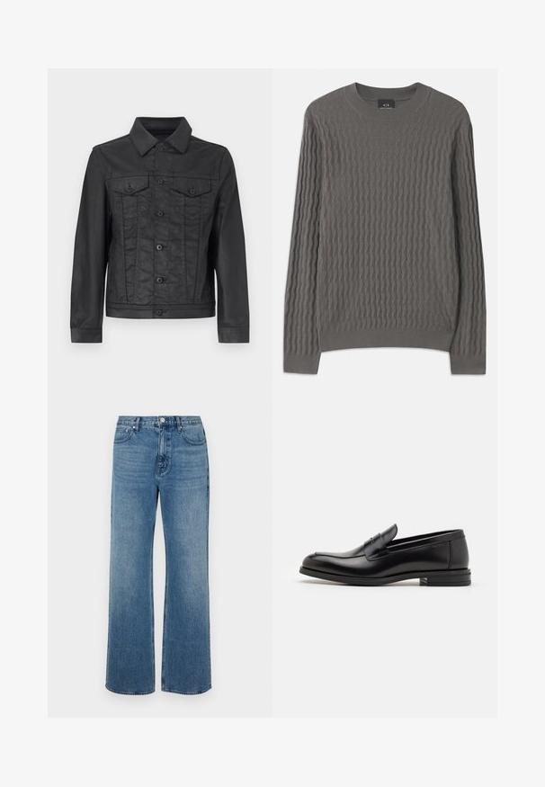 Juodas džinsinis švarkas su sagtys priekyje, smailiu apykakle, dviem krūtinės kišenėmis ir ilgomis rankovėmis su sagčių užsegimais. Lygus paviršius.; Armani Exchange Džemperis - dark gull zig zag; Platus blaujos džinsai, pagaminti iš dėvėtos džinsinio audinio. Sukurtas su penkiomis kišenėmis, priekiniais sagčių uždarymu ir tiesiu kirpimu.; Juodos odinės loafers, turinčios lygų paviršių, apvalią noselę ir dekoratyvinę juostą per priekinę dalį. Žemas krentantis kulnas, minimalistinis dizainas.