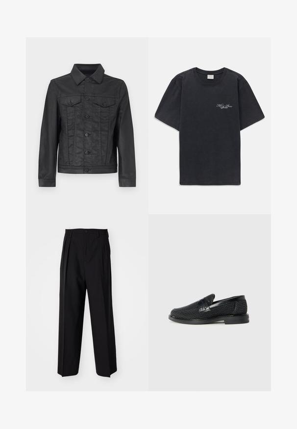 Melna džinsu jaka ar pogu aizdari priekšā, punktētu apkakli, divām krūšu kabatām un garām piedurknēm ar pogām pie aprocēm. Gluda tekstūra.; Melna īsās piedurknes T-kreklā ar mazu balto "Filling Pieces" tekstu logotipu uz kreisā krūšu.; Melnas plisētās bikses ar taisnu, plata kāja dizainu. Izgatavotas no gludas auduma, ar pogu aizdari un jostas cilpiņām.; Melnas austas slaidu kurpes ar gludu ādas akcentu augšpusē, apaļas formas purngalu un zemas profila gumijas zoli.