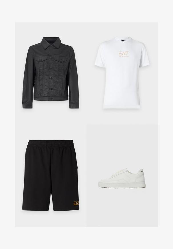 Musta farkkutakki, jossa on napitettava etuosa, terävä kaulus, kaksi rintataskua ja pitkät hihat nappikannuilla. Sileä rakenne.; Valkoinen puuvillapaita, jossa on pyöreä kaula-aukko ja lyhyet hihansuut. Paidassa on etupuolella kultainen EA7 Emporio Armani -logo.; Mustat urheilushortsit, jotka on valmistettu pehmeästä kankaasta. Kengissä on joustava vyötärönauha ja pieni keltainen EA7-logo vasemmassa alakulmassa.; Valkoinen nahkakenkä, jossa on sileä pinta, pyöreä kärki, tasaiset nauhat ja teksturoitu pohja. Sisältää huomaamattoman logon kantapäässä.