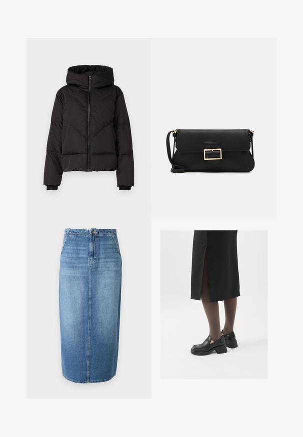 YAS YASIRIMA JACKET - Jachetă cu puf - black; JDY JDYDINEA L/S REVERSIBLE - Pulover - fern; Fustă tip creion din denim, de culoare albastru deschis, cu un croi drept, închidere cu nasturi în față și estompare subtilă. Linia tivului este ușor deasupra genunchiului.; Pantofi din piele neagră cu vârful rotund, toc bloc gros și accente elastice pe lateral, asortați cu colanți închiși la culoare și o fustă neagră cu o fanta.; Geantă de mână din piele neagră, cu clapetă și un detaliu din metal auriu. Include o curea neagră și un design elegant, minimalist.