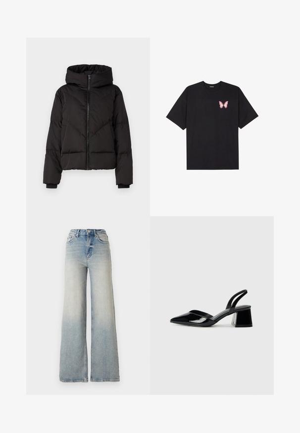 YAS YASIRIMA JACKET - Piumino - black; T-shirt nera in cotone con maniche corte, caratterizzata da una piccola grafica di una farfalla rosa sul lato sinistro del petto. Design a girocollo con una vestibilità rilassata.; Jeans ampi di colore blu chiaro in denim, con vita alta, cinque tasche e cuciture visibili lungo le cuciture.; Décolleté in vernice nera con punta affusolata e tacco in geometria cubica. Presentano un design elegante e minimalista, con una texture liscia.