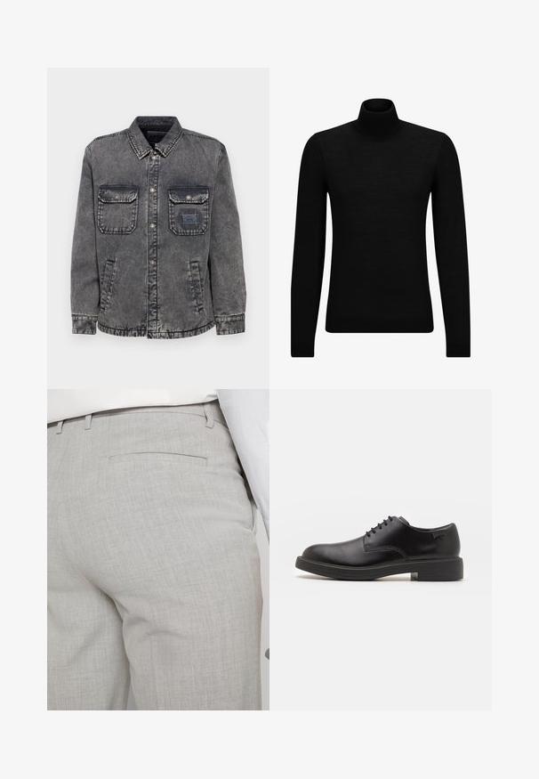 Denimjakke i falmet grå med knapper foran, to brystlommer og sidelommer. Har en kontrastmerkelapp på venstre lomme.; Svart genser med høy hals laget av mykt materiale, med lange ermer og en tettsittende passform. Ribbestrikket kant nederst og ved ermene. Enkelt design.; Lysegrå skreddersydde bukser laget av teksturert stoff, med en enkelt baklomme og rene sømmer.; Svart lær snøre sko med rund tå, glatt tekstur, minimal søm, og lav gummihæl. Logo på hælen.