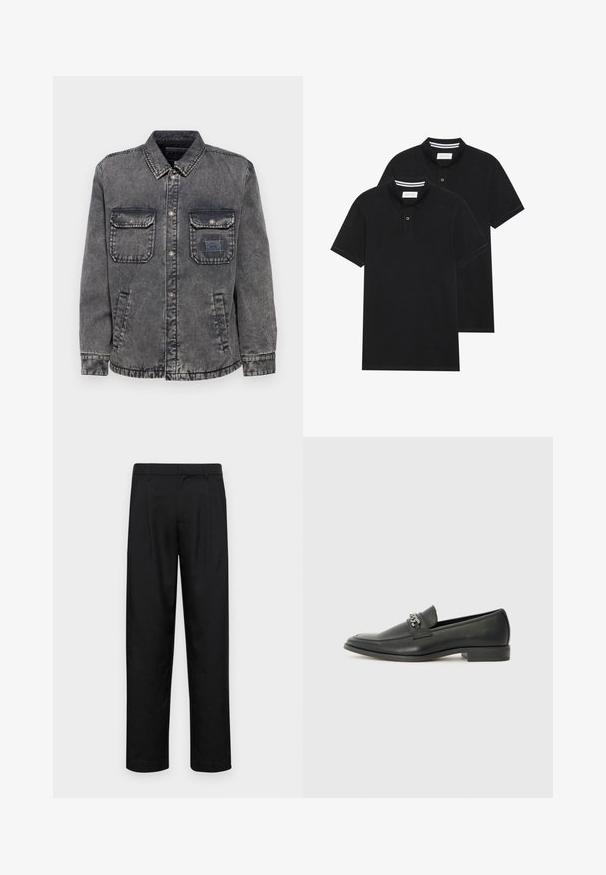 Casaco de ganga em cinza desbotado, com fecho de botão na frente, dois bolsos no peito e bolsos laterais. Apresenta um cartão de etiqueta contrastante no bolso esquerdo.; Duas camisetas polo pretas, de manga curta, em material de algodão, com colarinho clássico, abertura com dois botões e detalhes em riscas brancas no interior do colarinho.; Calças pretas feitas de tecido suave, com um design de perna reta, dois pregas frontais e uma cintura padrão com passantes para cinto.; Sapatilha de couro preta com um acabamento suave, apresentando um design cosido e um detalhe decorativo de corrente de metal atravessando o peito do pé. Salto baixo.