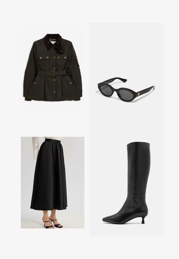 Barbour - Kurtka wiosenna; Gładka, biała, długosleeve koszula, okrągły dekolt, pokazana od tyłu, leżąca na białym tle.; Czarna długa spódnica z gładkiego materiału, z marszczonym pasem i swobodnym krojem, w połączeniu z czarnymi sandałami na cienkich obcasach.; Zign - Kozaki; Czarne okulary przeciwsłoneczne w owalnym kształcie z ciemnymi szkłami i błyszczącą plastikową oprawką. Posiadają złote logo na zausznniku, co nadaje im elegancki i nowoczesny wygląd.