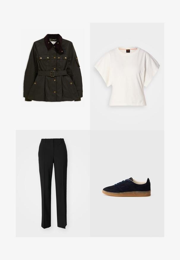 Barbour BARBOUR X ERDEM CONSTANCE WAX JACKET - Lehká bunda - archive olive/ancient black floral; Bílý zkrácený T-shirt, krátké široké rukávy, měkký bavlněný materiál, kulatý výstřih s jemným oranžovým lemováním, minimalistický design, bez vzorů nebo grafik.; Černé kalhoty na míru se střihem do rovna, které mají hladkou texturu a ostré sklady na přední straně. Bez viditelného kování.; Námořnicky modrá semišová teniska s podrážkou z gumové pryže, modrými tkaničkami a minimalistickým designem. Na boku je vyražené logo a uvnitř je hladká podšívka.