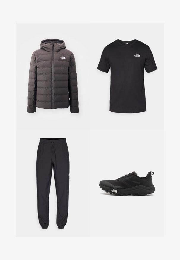 Tamsiai pilkas pūkinis švarkas su gobtuvu, turintis priekinį užtrauktuką ir "North Face" logotipą kairiajame krūtinės šone. Lygus paviršius ir siuvinėjimo dizainas.; Juodas trumpas rankovės marškinėliai, pagaminti iš medvilnės, su apvaliu kaklu ir mažu baltu logotipu viršutiniame kairiajame krūtinės kampe.; Juodos sportinės kelnės, pagamintos iš lengvos medžiagos, su raišteliu liemens srityje, šoniniais kišenėmis ir siaurėjantys apykaklės prie kulkšnies.; Juoda bėgimo batai su tekstūruotu paviršiumi, guma padais ir sustiprinta pirštų dalimi. Yra paminkštinta apykaklė ir kilpos, leidžiančios lengvai užsidėti.