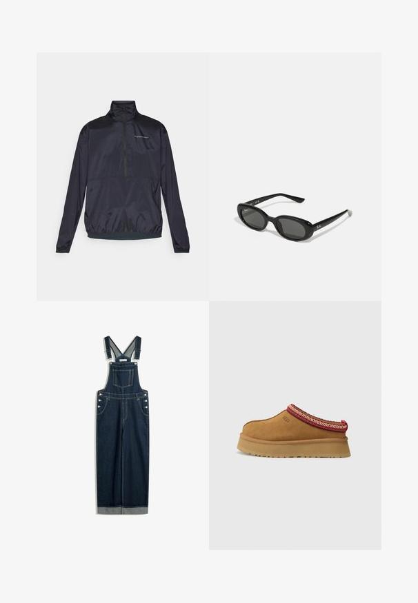 Hochwertige navy Jacke mit halbem Reißverschluss aus leichtem, glattem Stoff. Sie verfügt über einen Stehkragen, elastische Bündchen und ein kleines Logo auf der Brust.; Hellblaues Sweatshirt mit einem Walfisch-Graphic, aus weichem Material hergestellt. Mit gerippten Bündchen und Saum in Marineblau. Kurz geschnittenes Design, lange Ärmel.; Dunkelblaue Denim-Latzhose mit verstellbaren Trägern, einer Vordertasche, seitlichen Knöpfen und einem weiten Beinprofil mit umgeschlagenem Saum.; Braune Wildleder-Slipper mit rot-creamfarbenem gemusterten Besatz, strukturiertem Absatz und UGG-Logo an der Seite. Verfügt über eine leichte Plattformhöhe.; Schwarze Sonnenbrille mit ovalen Gläsern, glänzendem Kunststoffrahmen und schlanken Bügeln. Mit Ray-Ban-Logo in Weiß an der Seite.