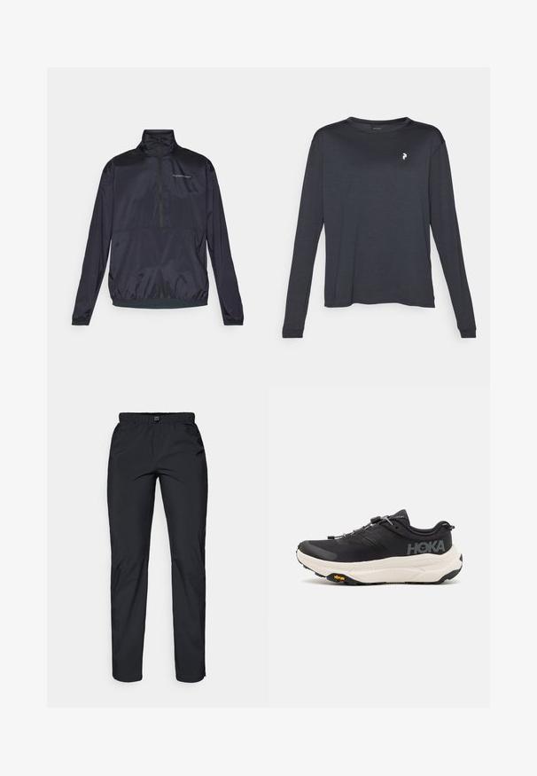 Pusero puolivetoisella vetoketjulla, valmistettu kevyestä ja sileästä kankaasta. Ominaisuuksiin kuuluu korkeakauluksinen malli, elastiset hihansuut ja pieni logo rinnassa.; T-paita, jossa on pitkät hihat ja tumman värinen tekstiili, jossa on pyöreä kaula-aukko ja pieni valkoinen logo vasemmassa rinnassa.; Mustat, kevyet, vettähylkivät housut, joissa on joustava vyötärö ja kaksi sivutaskua; sileä pinta; suora lahjeturkki.; Musta urheilujalkine, jossa on hengittävä verkkomateriaali, kumipohja, valkoinen vaimennusrakenne ja heijastavat nauhat. Vibram-logo pohjassa.