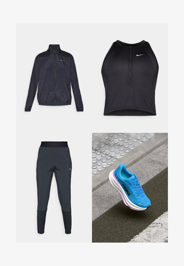 Polovinozipová námořnická bunda vyrobená z lehkého a hladkého materiálu. Má límec, elastické manžety a malé logo na prsou.; Černý sportovní crop top se zipem vpředu, síťovými detaily a přiléhavým střihem. Vyrobený z elastického, prodyšného materiálu. Logo Nike na přední straně.; Nike sportovní kalhoty v tmavě šedé barvě, s tapered nohavicemi, elastickým pasem a akcentními detaily poblíž manžet.; Modrá běžecká bota s mřížkovým svrškem, bílou mezipodešví a růžovým akcentem; má strukturovaný vzor, logo na straně a kulatou špičku.