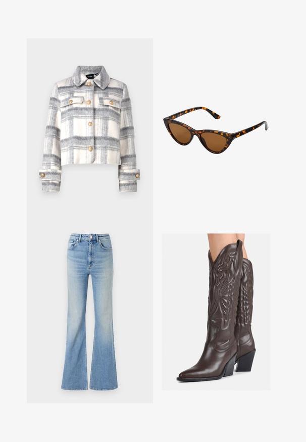 Casaco ajustado em padrão xadrez nas cores cinza e branco sujo, em mistura de lã. Apresenta botões dourados e dois bolsos frontais, com colarinho e mangas com punhos.; Top preto de manga longa, feito de renda texturizada, apresentando um decote em scallop e um design ajustado com uma silhueta curta.; Calças de ganga largas de cor azul claro, com uma cintura alta, design de cinco bolsos e um ligeiro desvanecimento em gradação em direção à bainha.; Botas de cowboy em couro castanho com bico pontudo e salto quadrado, apresentando costuras detalhadas e realces elevados no cano.; Óculos de sol estilo gato com uma armação em tartaruga preta e laranja, lentes castanhas e pontas elegantes e pontiagudas. Apresenta um logo minimalista na haste.