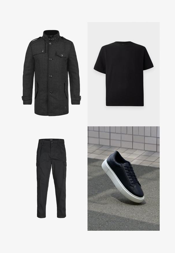 Manteau en laine à chevrons gris avec col montant, devant croisé, poches à rabat et boutons noirs. Comprend des épaulettes aux épaules.; T-shirt noir à manches courtes en tissu texturé, avec un col rond et une coupe décontractée. Simple, sans motifs ni accents.; Pantalons cargo noirs en tissu résistant, dotés de plusieurs poches, d'une fermeture par bouton et d'une coupe slim avec des jambes fuselées.; Baskets noires en cuir avec bout arrondi et semelle en caoutchouc blanc. Elles présentent des lacets plats et une couture minimale sur la tige. Semelle texturée pour une bonne adhérence.