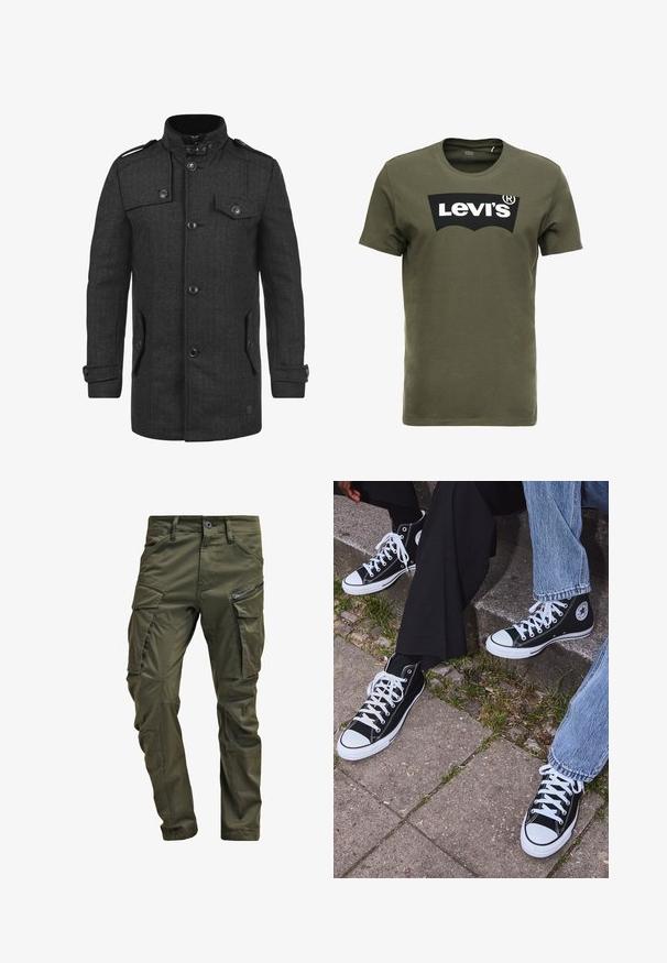 Grå fiskbensmönstrad yllekappa med ståkrage, dubbelknäppt front, fickor med lock och svarta knappar. Har axelklaffar.; Olivgrön bomull t-shirt med en stor svart Levi's-logotyp på framsidan. Klassisk rund halsringning och korta ärmar, slät textur.; Olivgrön cargobyxor tillverkade av slitstark bomull. Har flera fickor, en ficka med dragkedja på sidan, och avsmalnande ben med en något strukturerad yta.; Svarta högtopps kanvasskor med vita gummisulor och snören, med en cirkulär logotyp på sidan och kombinerade med jeans och svarta byxor.