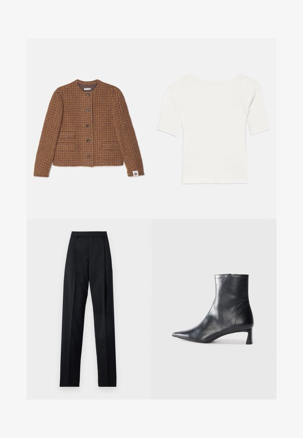 Brown houndstooth-patterned jacket, featuring a round neck, five buttons, two front pockets, and a small brand label on the hem.; White ribbed short-sleeve top with a wide neckline. The texture features vertical stripes, emphasizing a snug fit and simple design.; Black trousers made from smooth fabric featuring a high waist, wide legs, front pleats, and classic belt loops. No side pockets visible.; Black leather ankle boot with a pointed toe and a sleek design. Features a low heel and a zipper closure at the back. Smooth texture.