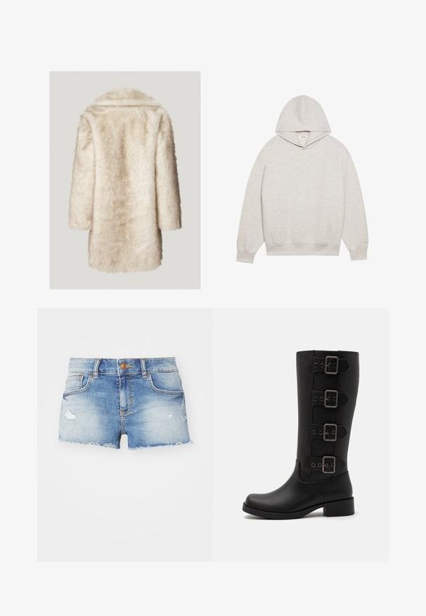 Umjetni krzneni kaput u krem boji s mekim teksturom, s ovratnikom i dugim rukavima, dizajniran za široki kroj. Prikazan je stražnji pogled.; Svetlo siva kapuca narejena iz mehkega blaga, ki ima sprednji kenguru žep, nastavljivo kapuco ter rebraste manšete in obroč.; Denimske kratke hlače v svetlo modri barvi z obrabljenim videzom, raztrganim robom, načrtom s petimi žepi in enim gumbom za zapiranje spredaj.; Črne visoke škornje iz gladkega sintetičnega materiala. Imajo štiri okrasne vezi z pravokotnimi kovinskimi sponkami. Oblika na blokastu peto.