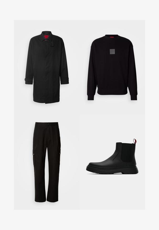 Zwarte regenjas met een klassiek ontwerp, voorzien van een knoopsluitingen, kraag en oprolbare mouwen. Gladde textuur, zonder zichtbare patronen of accenten.; Zwarte sweatshirt met lange mouwen, ronde halslijn, een grijzige vierkante logo op de voorkant, zachte textuur en geribde manchetten en zoom.; Zwarte cargobroek van katoen met een relaxte pasvorm, voorzien van zijzakken, een knoopsluiting en rechte pijpen. Eenvoudig ontwerp zonder patronen.; Zwarte enkelboot met een gladde afwerking, elastische zijpanelen en een contrasterende rode treklus, met een dikke rubberen zool en een afgeronde teen.