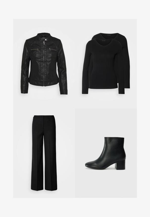 Svart läderjacka med ståkrage, frontdragkedja och två fickor med dragkedja på bröstet. Har texturerad sömnad och en åtsittande silhuett.; Två svarta långärmade tröjor med V-ringning, tillverkade av mjukt, stretchy tyg, som visar en slät textur och en figursydd form.; Svarta vida byxor med ett mjukt tyg, med hög midja, skräddarsydda sömmar och en minimalistisk design. Inga synliga detaljer eller fickor.; Svarta läderankelstövlar med spetsig tå och kraftig klack. Slät textur med minimala accenter och en stilren, åtsittande design.