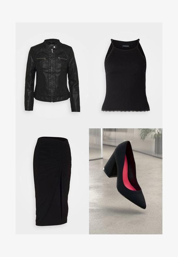 Svart skinnjakke med stående krage, frontglidelås og to glidelåslommer på brystet. Har teksturert stitching og en tettsittende silhuett.; Svart ribbet tanktopp med scallop lace detaljer i kanten. Har tynne stropper og en kroppsnær design. Laget av elastisk stoff.; Svart, rynket blyantskjørt med knyting og sidelits. Laget av et elastisk stoff, med en glatt tekstur og en kroppsnær passform.; Svart høye hæler med spiss tå, teksturert overflate og en livlig rosa innside. Har en kraftig hæl med sølvdetaljer.