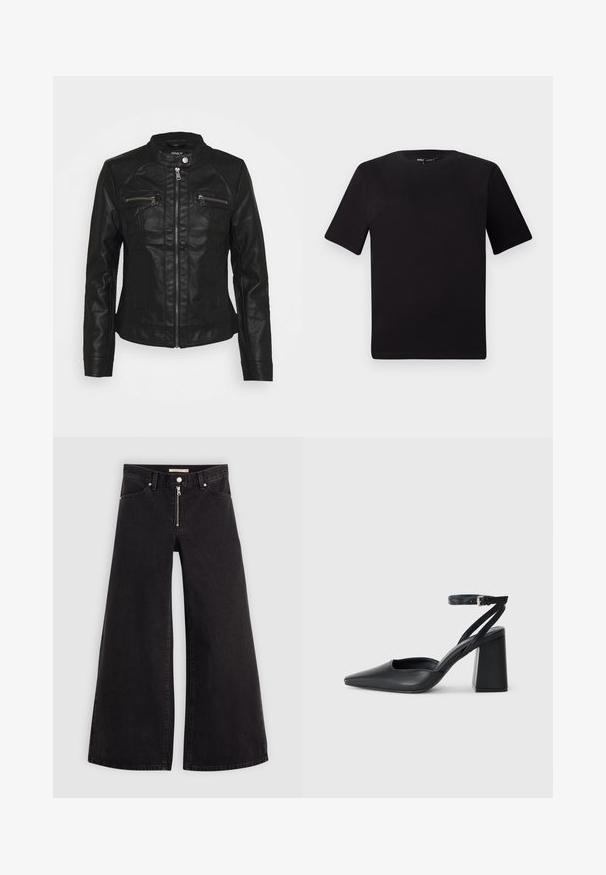 Melnas ādas jaka ar stāvu apkakli, priekšējo rāvējslēdzēju un divām rāvējslēdzēja krūšu kabatām. Ievērojamā tekstūrētā izšūšana un pieguļošā silueta dizains.; Melnas īsām piedurknēm T-krekls ar apaļu kakla izgriezumu, izgatavots no mīksta kokvilnas auduma. Vienkāršs dizains, bez redzamām logo vai rakstiem.; Platas kājas džinsi melnā džinsa audumā ar rāvējslēdzēju priekšā, piecu kabatu dizains un smalkas šuvju detaļas. Gluda tekstūra un ikdienišķs stils.; Melna ādas augstpapēžu kurpe ar norakstīto purngala formu, potītes siksniņu un masīlu papēdi. Gluda tekstūra, elegants dizains un minimālisma estētika.