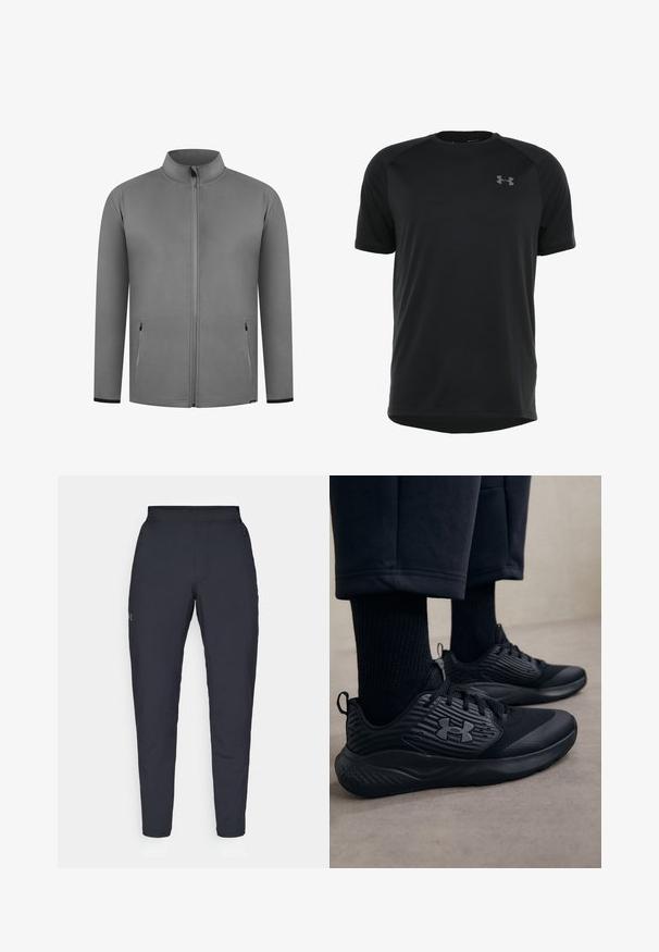 Gray zip-up jacket with a high collar, two side pockets with zippers, and black accents at the cuffs, made from a smooth, soft fabric.; Black short-sleeve athletic shirt made of smooth, lightweight fabric. Features a rounded neckline and discreet logo on the chest.; Black athletic pants with a smooth texture, slim fit, elastic waistband, and side pockets. Features a small logo on the left thigh.; Person wearing black athletic sneakers with textured sides and logo, paired with black socks and cropped pants on a light floor.