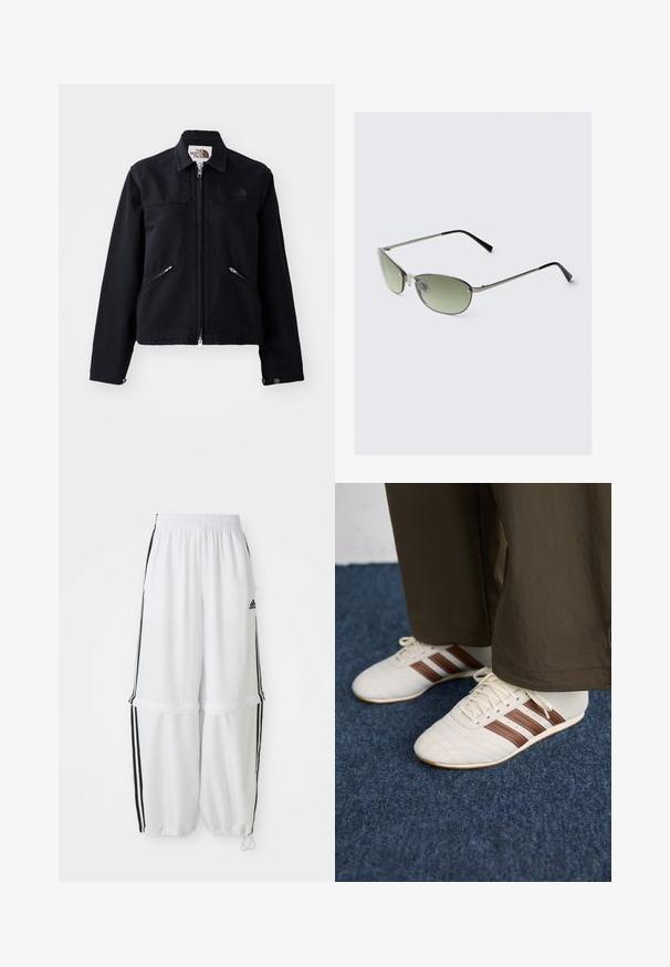 Black jacket with a zip front, two angled zippered pockets, and a collared neckline. Features a smooth fabric texture and minimal branding.; White cotton tank top with wide shoulder straps, a round neckline, and a smooth, ribbed texture. No patterns or accents present.; White athletic pants with a relaxed fit, elastic waistband, and black side stripes. Features zipper pockets and elastic cuffs at the ankles.; White sneakers with brown stripes worn with brown pants on blue carpeted floor.; Metal sunglasses with elongated green lenses, slim silver frame, and black temple tips. Features small nose pads for comfort.; White fabric shoulder bag with gathered texture, adjustable strap, and silver hardware. Displayed alongside a cream-colored dress.