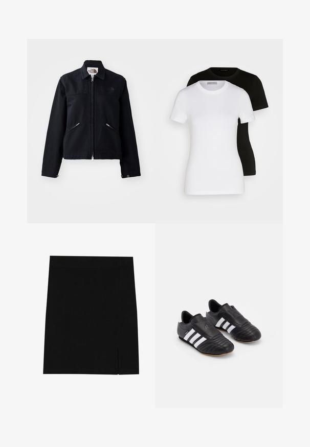 Crna jakna s patentnim zatvaračem sprijeda, dva kutna džepa s patentnim zatvaračem i ovratnikom. Ima glatku teksturu tkanine i minimalno brendiranje.; Dvije majice kratkih rukava u crnoj i bijeloj boji. Izrađene od glatkog pamuka, imaju klasičan okrugli izrez i regularan kroj.; Crna mini suknja od mekog materijala s prilagođenim dizajnom, s malim prorezom sa strane za dodatni detalj.; Crne nogometne cipele s gornjim dijelom od teksturirane kože, s podstavljenim prednjim dijelom, tri bijele pruge sa strane i potplatom od gume.