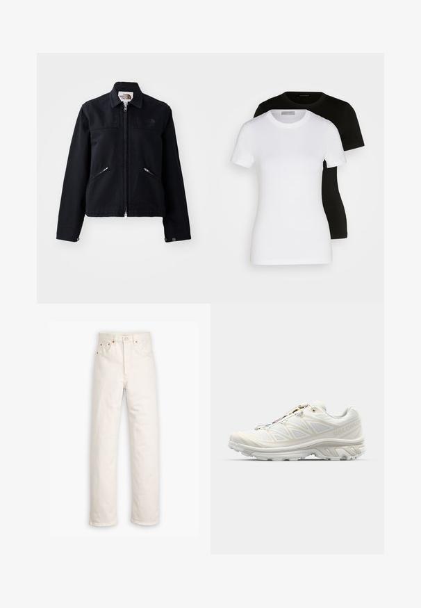 Černá bunda se zapínáním na zip, dvěma šikmými kapsami na zip a límečkem. Má hladký textilní povrch a minimální branding.; Dvé trička s krátkým rukávem v černé a bílé barvě. Vyrobena z hladké bavlny, mají klasický kulatý výstřih a standardní střih.; Bílé džíny z denimu se střihovým designem rovné nohy, styl pěti kapes a měděné detaily. Konec nohavic se surovým lemem.; Bílé běžecké boty s prodyšným síťovým svrškem, texturovanými detaily a polstrovanou podrážkou. Obsahují rychlou šněrovací systém pro snadné obutí.