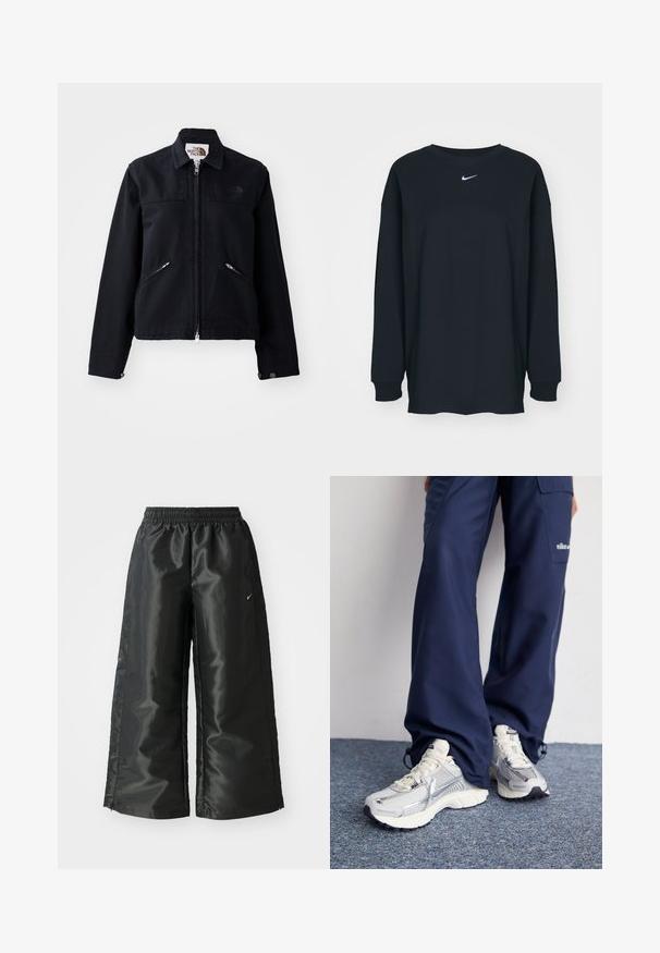 Svart jakke med glidelås foran, to skrå glidelomme og kragehals. Har en glatt tekstur og minimal merkevare.; Svart langermet T-skjorte laget av bomull med rund hals. Har en hvit Nike-logo på brystet. Myk tekstur, enkelt design.; Svarte treningsbukser med en blank, glatt stoff, som har et elastisk liv, vide ben og en liten logo på venstre side.; Nike treningssko med sølvfarget mesh-overdel, hvite detaljer og teksturerte såler, kombinert med løse mørkeblå bukser.