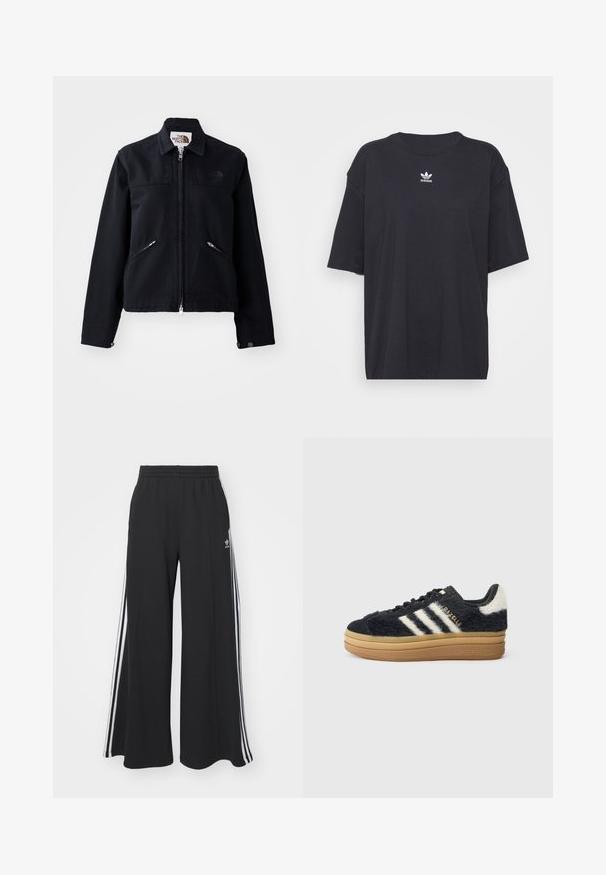 Černá bunda se zapínáním na zip, dvěma šikmými kapsami na zip a límečkem. Má hladký textilní povrch a minimální branding.; Černé bavlněné tričko s krátkými rukávy a kulatým výstřihem, na hrudi má bílé logo Adidas. Jednoduchý design, uvolněný střih.; Černé pohodlné tepláky širokého střihu s elastickým pasem, na boční straně s bílými pruhy a vyšitým logem na levé stehně.; Černé chlupaté tenisky s bílými pruhy a zlatým nápisem, s tlustou gumovou podrážkou a texturovaným svrškem. Ozdobeny huňatým zakončením na zadní straně.