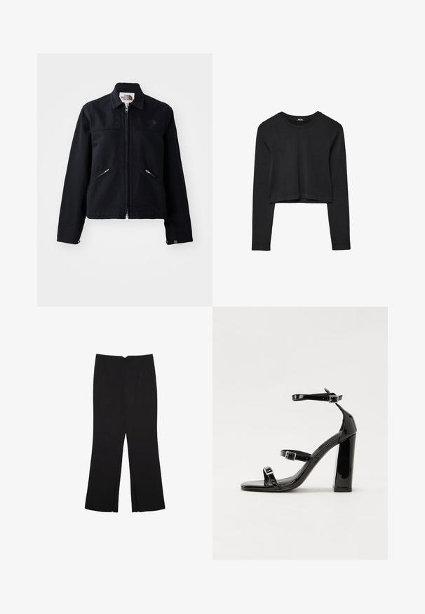 Čierna bunda so zipsom vpredu, dvoma šikmými zipsovými vreckami a golierom. Disponuje hladkou textúrou látky a minimalným brandovaním.; Čierny dlhý rukáv skrátený top s okrúhlym výstrihom, jednofarebný dizajn a mierne zakrivený lem.; Čierne nohavice so strihom rovného strihu, s prednými vreckami a bočnými rozparkami na leme. Vyrobené z mäkkej, hladkej tkaniny. Vhodné na rôzne príležitosti.; Čierne lakované sandále na podpätku so štvorcovou špičkou, navlečenými remienkami okolo členku a striebornými prackami. Disponujú masívnym blokovým podpätkom pre stabilitu.
