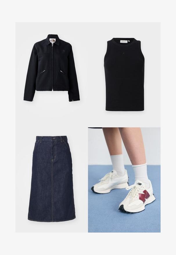 Črna jakna z zadrgo spredaj, dvema podkotaljenima žepoma z zadrgo in ovratnikom. Ima gladko teksturo in minimalno blagovno znamko.; Črn brezrokavnik iz ribane tkanine, z okroglo odprtino za vrat in majhnim logotipom na sprednji strani. Preprost, prilegajoč se dizajn.; Temna denim krila z visokim pasom, ravnega kroja, sprednjimi žepi in šivanimi šivi. Ima zadrgo in gumb za zapiranje na pasu.; Par belih športnih copat z maroon detajli, teksturiranimi paneli, ravnim črnim podplatom in svetlim vezalkami, obutih z belimi gležnjarji.