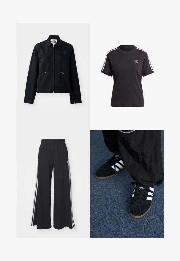 Čierna bunda so zipsom vpredu, dvoma šikmými zipsovými vreckami a golierom. Disponuje hladkou textúrou látky a minimalným brandovaním.; Čierne bavlnené tričko s krátkym rukávom a okrúhlym výstrihom, s bielymi pruhmi na ramienkach a malým bielym logom Adidas na hrudi.; Čierne široké teplákové nohavice s elastickým pásom, so bielymi bočnými prúžkami a výšivkou loga na ľavom stehne.; Čierne roháčiky z semišu so tromi bielymi pruhmi a čiernymi šnúrkami. Texturované čierne nohavice sú čiastočne viditeľné vedľa topánok.