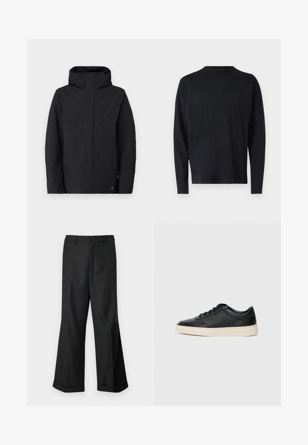 Svart vanntett jakke med høy krage og hette, med minimalistisk design, lange ermer og et logomerke på den nedre siden.; Svart langermet skjorte laget av myk stoff. Har rund hals og senkede skuldre. Glatt tekstur uten synlige mønstre.; Svart vide buks med knappet midjebånd og oppbrettede nederkant, vist mot en enkel hvit bakgrunn.; Svarte lavtopp lær sneakers med svarte snører og off-white såle vist i sidesyn på hvit bakgrunn.